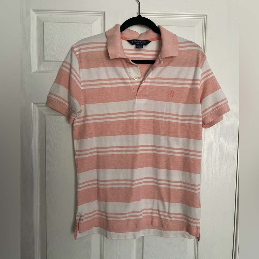 Brooks Brothers Pink and White Striped Polo Shirt Men’s Size Medium Slim Fit